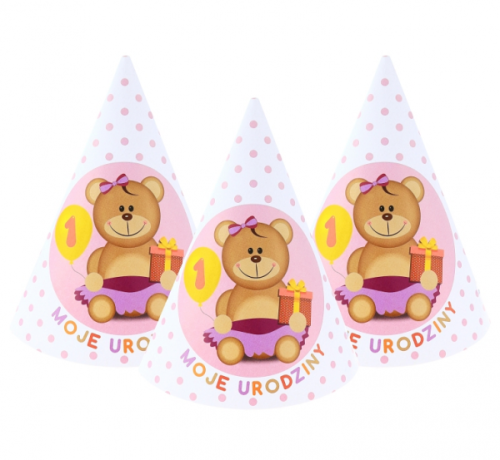 Шапочки из бумаги "My 1 Birthday", 6 шт., Розовые Шапочки из бумаги "My 1 Birthday", 6 шт., Розовые