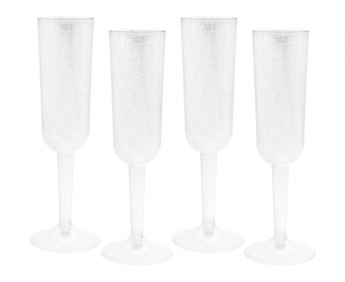 Plastic champagne flutes, silver glitter, 4 pcs