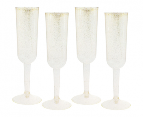 Plastic champagne gold glitter flutes, 4 pcs