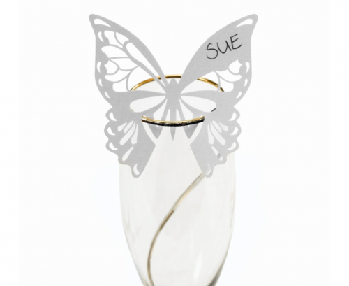 Butterfly cards wine glass decoration, white, 10 pcs
