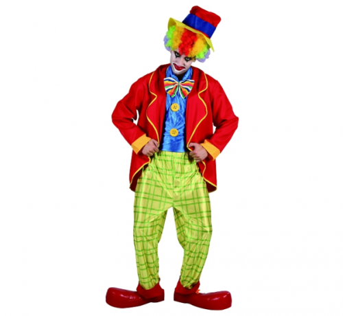 Costume for adult clown (jacket, trousers, front vest, cap), size 52 Costume for adult clown (jacket, trousers, front vest, cap), size 52