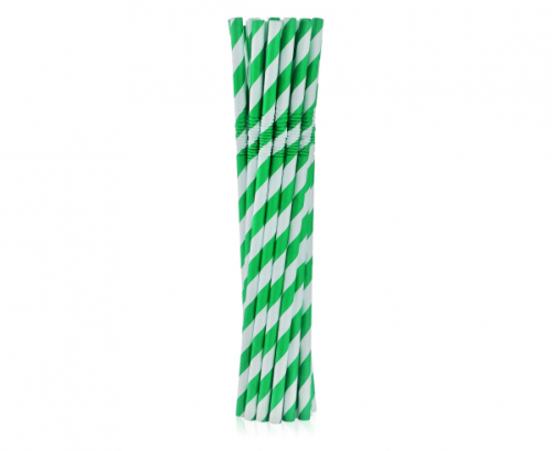 Гибкие бумажные соломинки для питья, зеленые полосы, 6x200 мм / 12 шт.