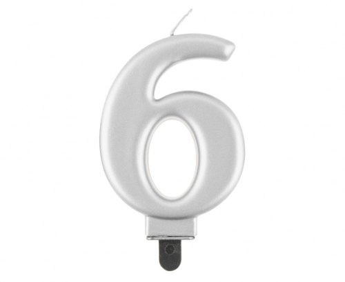 Dzimšanas dienas sveces cipars 6, metālisks sudrabs, 8,0 cm Dzimšanas dienas sveces cipars 6, metālisks sudrabs, 8,0 cm