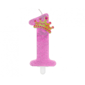 Glitter candle First Birthday, pink, 9 cm