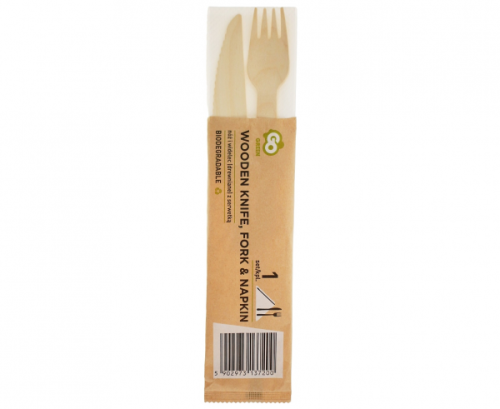 Eco-friendly collection - wooden knife & fork with napkin, 1 set