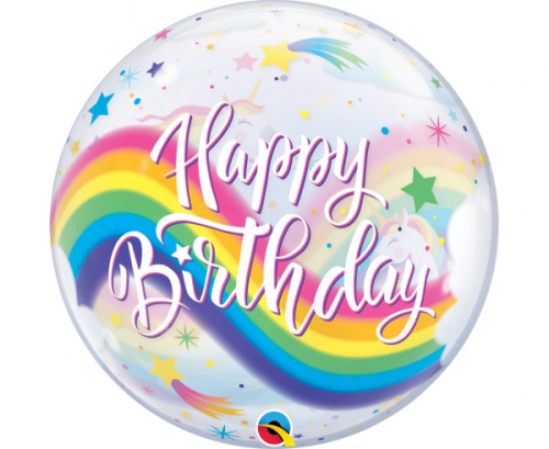 Foil balloon 22 inches QL Bubble, Birthday Rainbow Unicorns