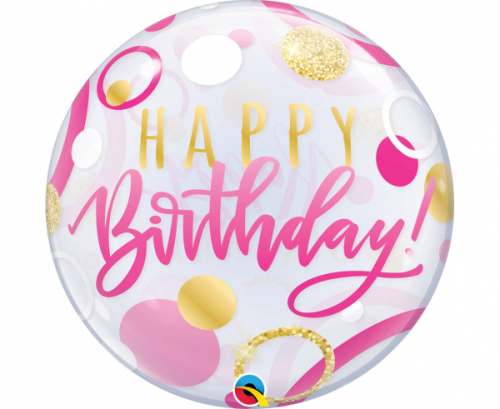 Foil balloon 22 inches QL Bubble, Birthday Pink & Gold Dots