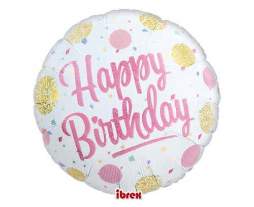 Ibrex hēlija balons, 14. kārta”, Happy Birthday Gold &amp; Pink, iepakots