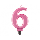 Dzimšanas dienas sveces cipars 6, rozā metālisks, 8,0 cm