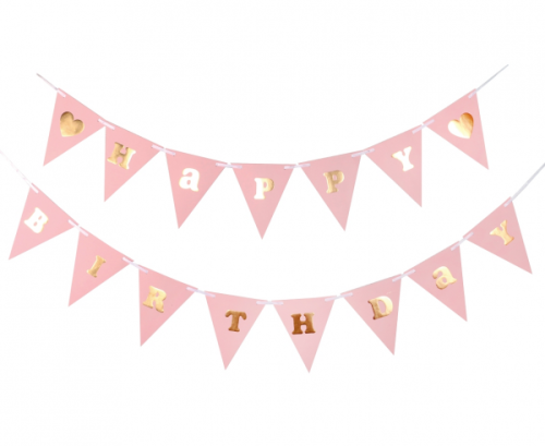 Paper garland B&G Happy Birthday Baby Girl, light pink, 300 cm, flag height 17 cm