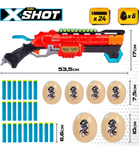 Пистолет с 24 порол. пулями, 6 яиц дальность до 27 метра X-Shot Dino Attack ZURU 8 g+ CB46560 Пистолет с 24 порол. пулями, 6 яиц дальность до 27 метра X-Shot Dino Attack ZURU 8 g+ CB46560